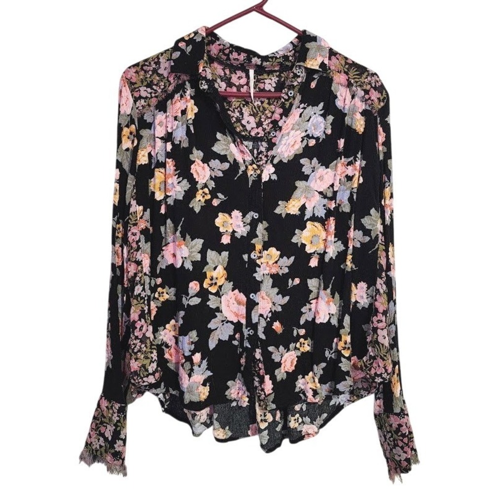FREE PEOPLE Hold On To Me Floral Blouse Sheer Boho Top Festival M - Picture 2 of 10